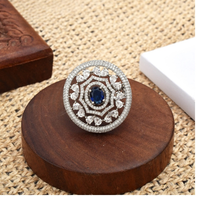 Elegant Navy Blue American Diamond Cocktail Ring